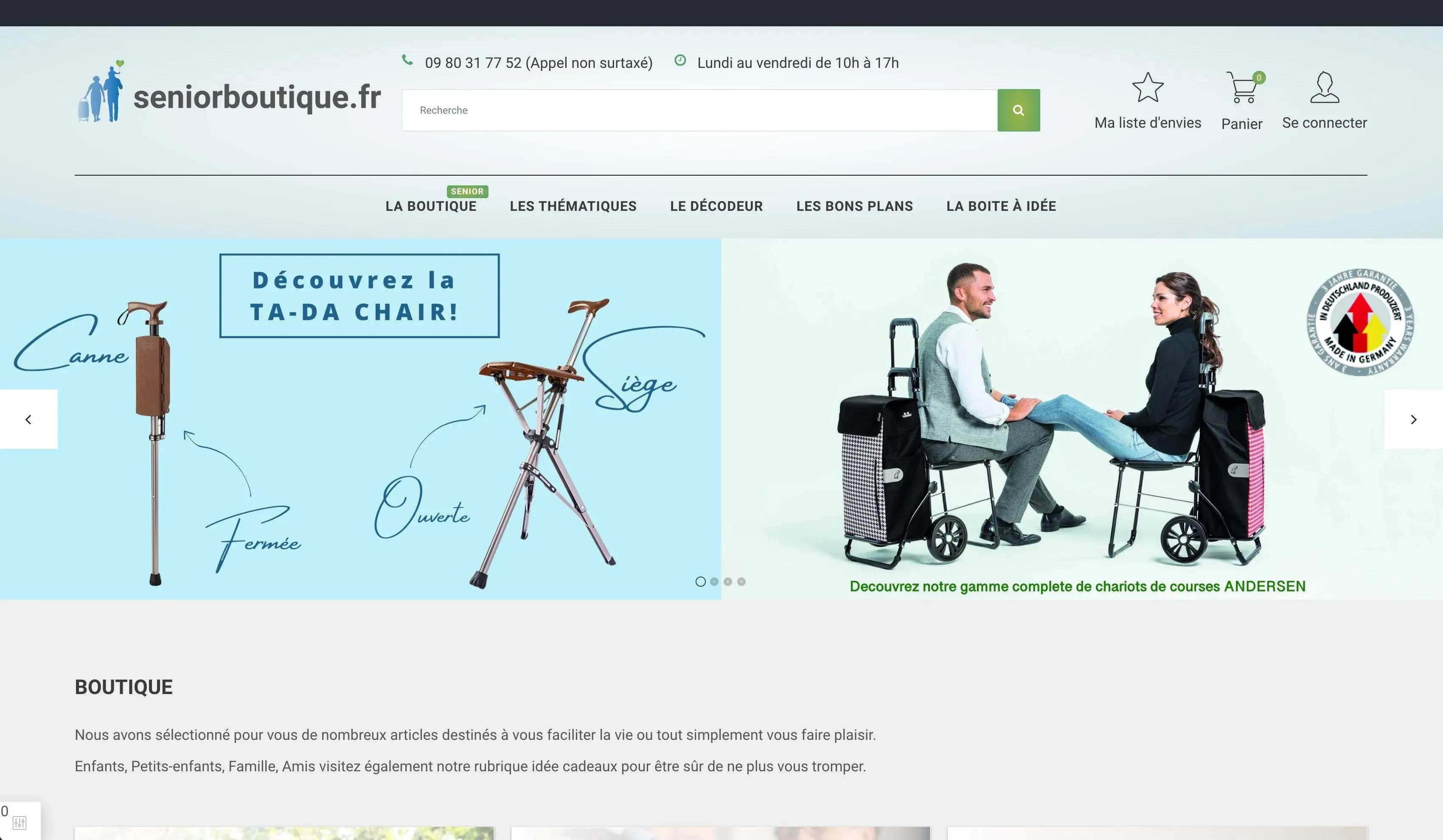 Page d'accueil du site Senior Boutique